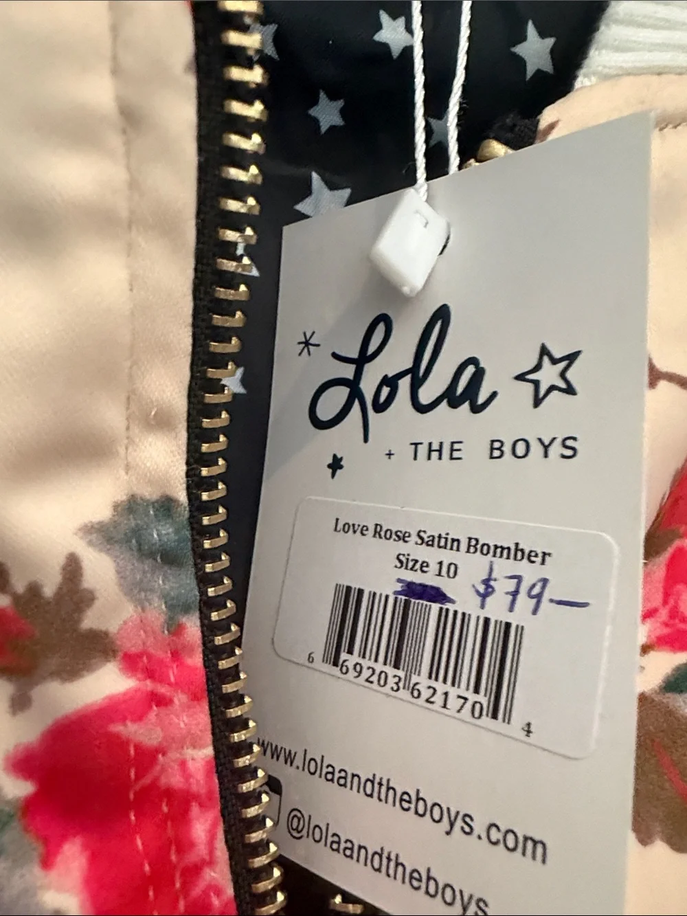 Lola + The Boys Beige Floral Satin Bomber with Black Sleeves